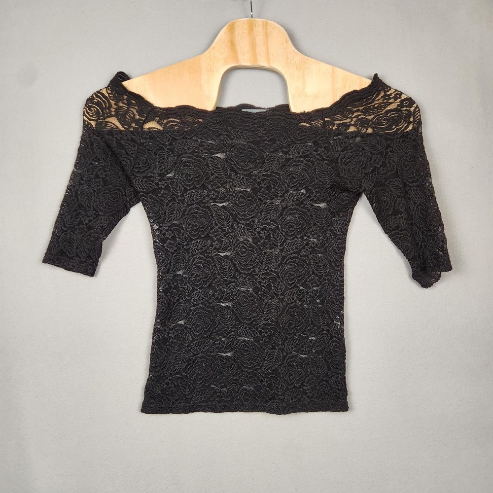 Y2K O2 Collection Shirt Womens Medium Black Lace Sheer 3/4 Sleeve‎ Floral Top